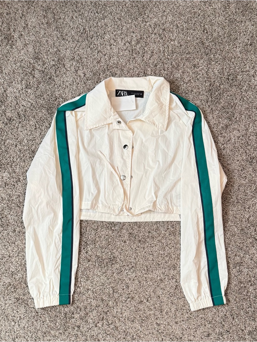 Zara Cropped Lightweight Sporty Windbreaker Jacket Off-White Green Stripe M